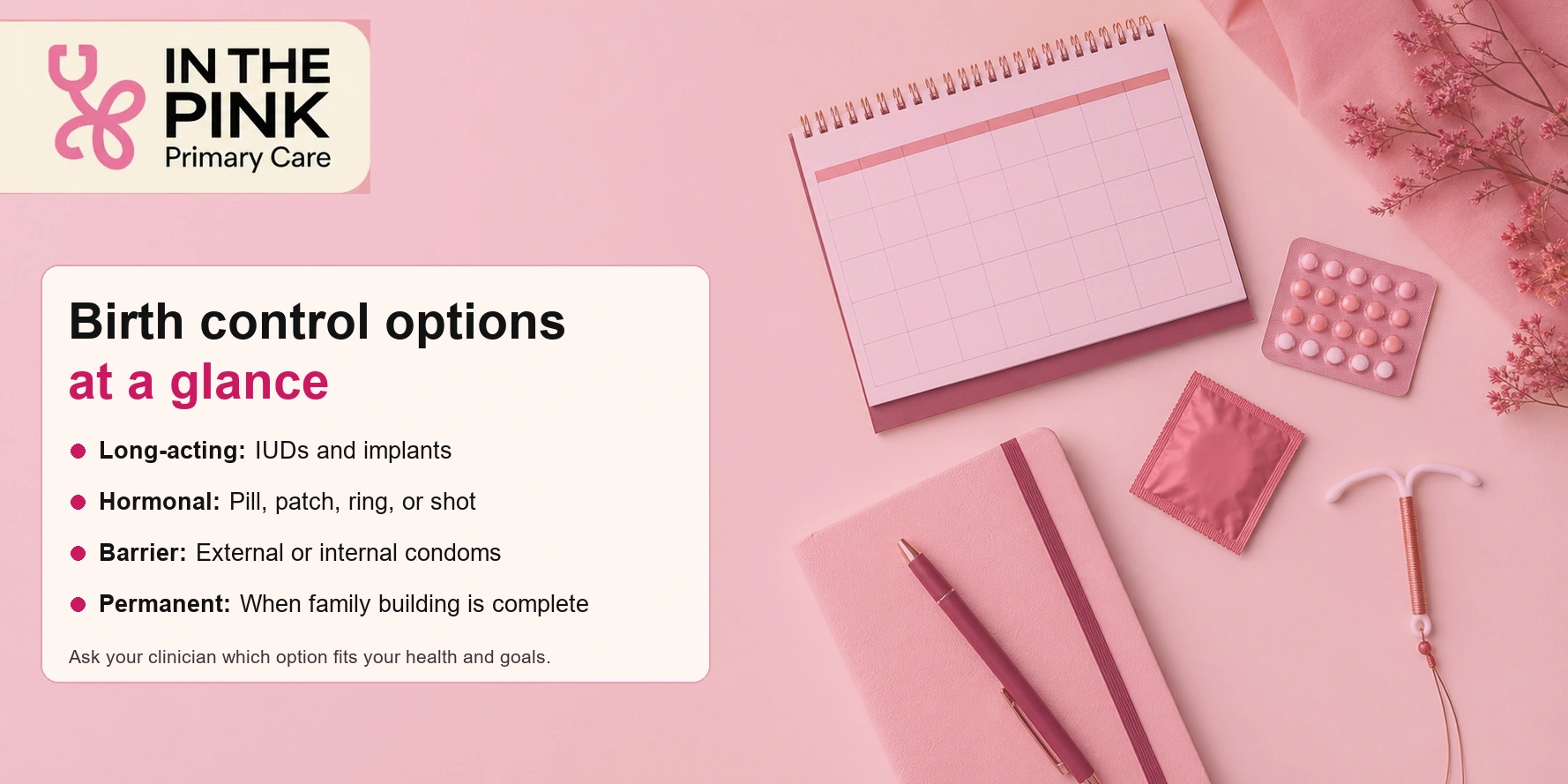 Birth control options at a glance infographic showing long-acting, hormonal, barrier, and permanent family planning options beside a calendar, pill pack, condoms, and IUD model.